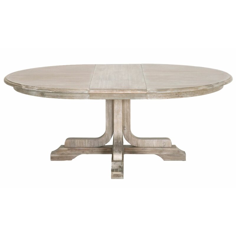 Benjara Wooden Round Dining Table with Extension Leaf and Pedestal Base